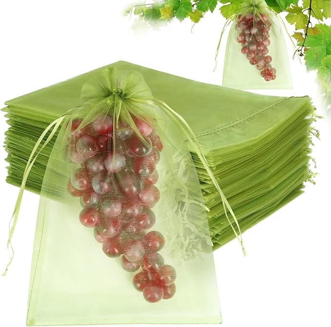 100pcs Fruit Protection Bags 8x12 inch, Green Netting Cover Bags Drawstring Mesh Fruit Protectors