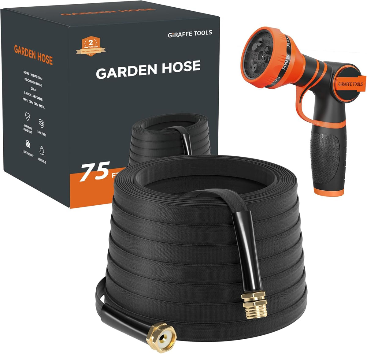 Giraffe Tools Garden Hose 75FT Lightweight Lay Flat Water Hose Kink Free Flexible Hose with 9 Spray