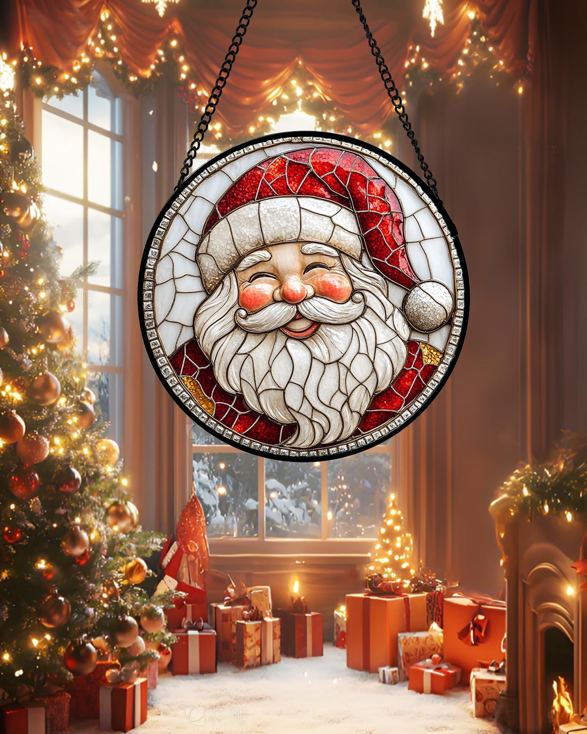Stained Glass Window Hanging - Red White Santa Claus Suncatcher for Doors Home Christmas Decoration