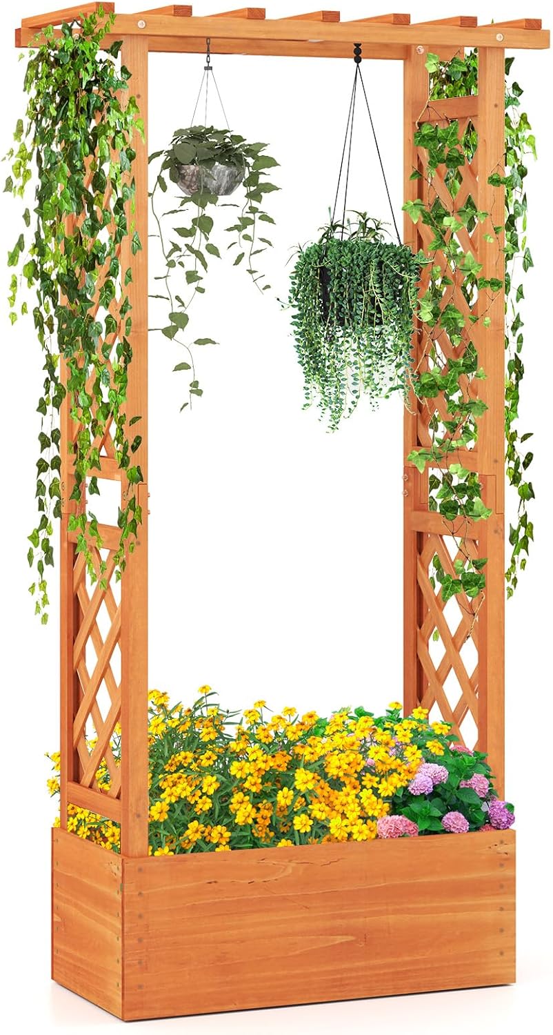 S AFSTAR Raised Garden Bed with Trellis, Wood Planter Box with Hanging Roof & Drainage Holes for