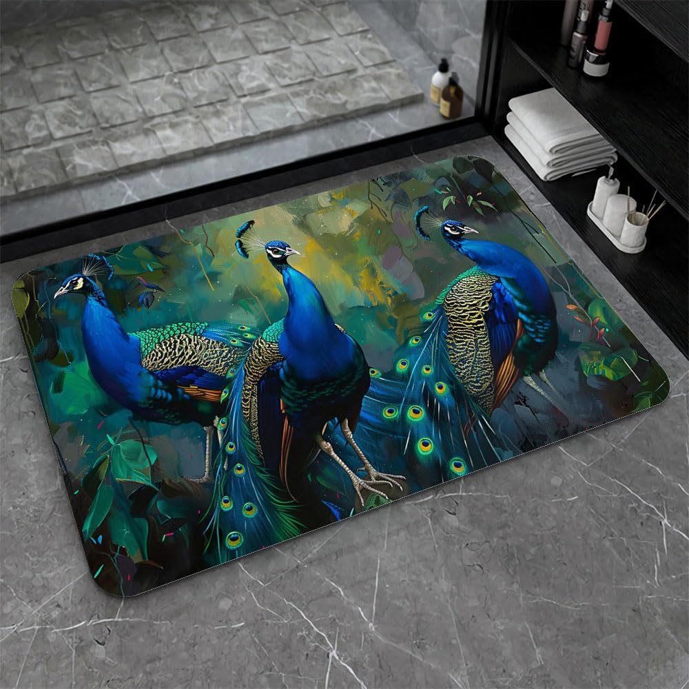 Bath Mat-Bathroom Rug，Three Peacocks-Absorbent Non Slip Quick Dry Stain Resistant Easy to Clean