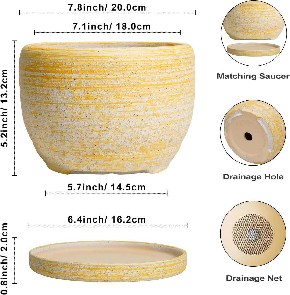SQOWL Ceramic Flower Pots - 8 inch Plant Pot Indoor with Drainage Hole and Saucer, Modern Ceramic