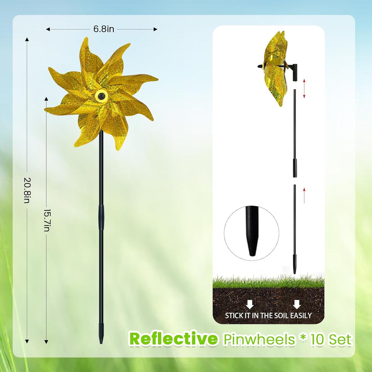 10 PCS Reflective Pinwheels for Yard and Garden Bird Devices Pre-Installed Sparkly Wind Spinner
