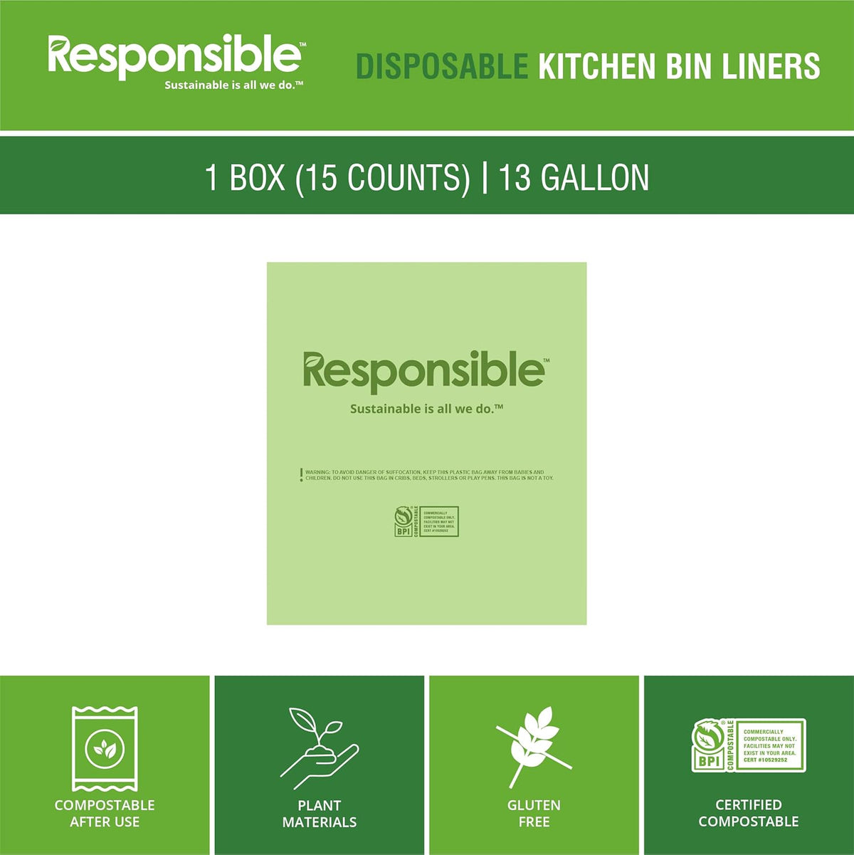 Responsible Products Kitchen Bin Liners, Certified Compostable, Heavy Duty Multipurpose Food Scrap