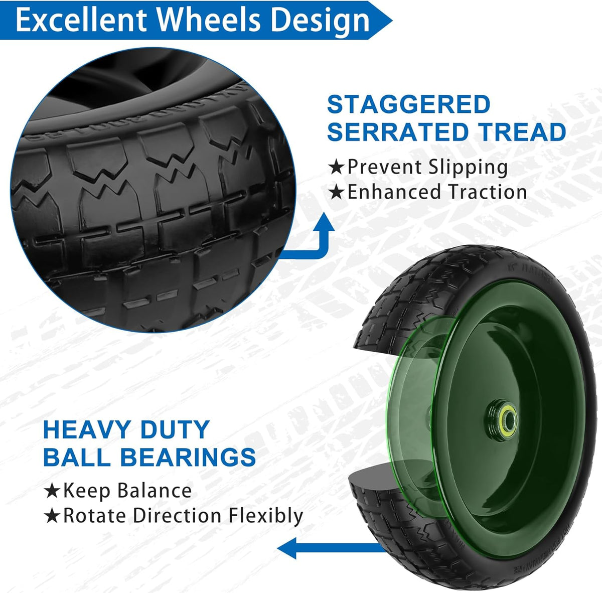 13 Inch Flat Free Wheels Tires 4.00-6 Solid Replacement with Universal 5/8" Axle Bore Hole, 4