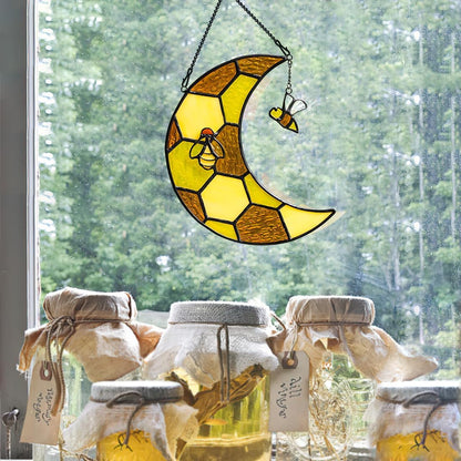 Bee Stained Glass Suncatcher for Window,Honeycomb Stained Glass Window Hanging Moon Decor,Bee Gifts