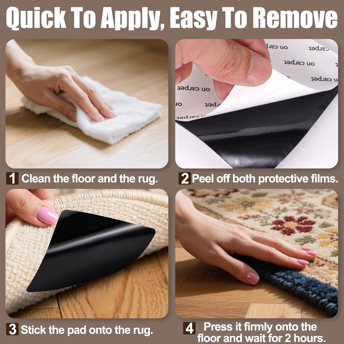 Premium Rug Grippers & Carpet Tape – 12PCS Square Anti-Slip Pads for Area Rugs, 3.9 Inch, Prevent