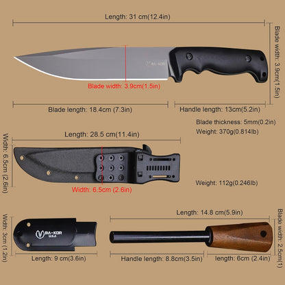 BA-KOR 5mm (9CR18MOV) steel 12.4" full tang hunting knife+K sheathing &5.9" cerium igniter Suitable