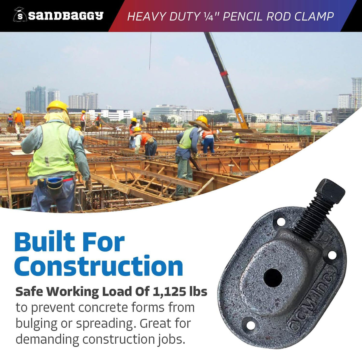 Sandbaggy Heavy Duty 1/4" Pencil Rod Clamp - Reusable Concrete Formwork Clamps - Cast Malleable
