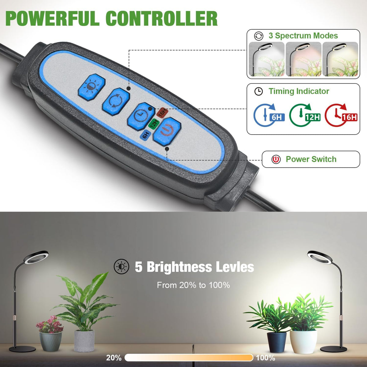 Garpsen Grow Lights for Indoor Plants, 80 LEDs Full Spectrum Desk Plant Light with Timer for