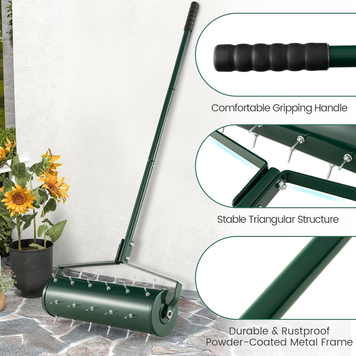 Goplus Rolling Lawn Aerator, 21-Inch Garden Yard Rotary Push Tine Filled Sand Stone, Heavy Duty