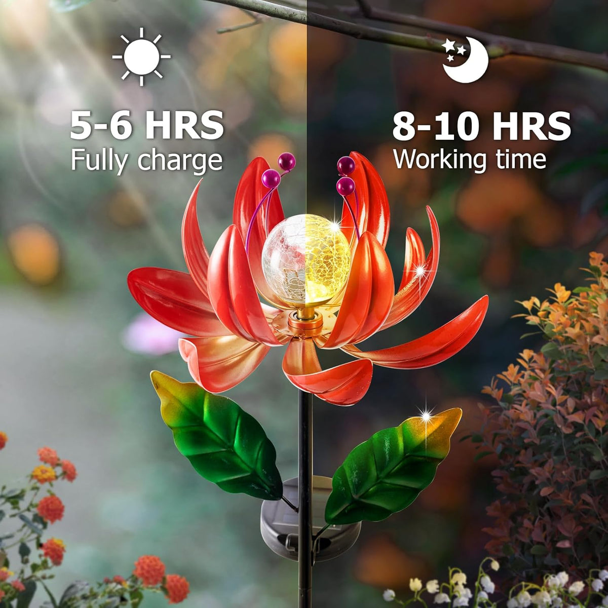 Solar Lights Outdoor Wind Spinners, Metal Lotus Flower Garden Decor with Waterproof LED Crackle