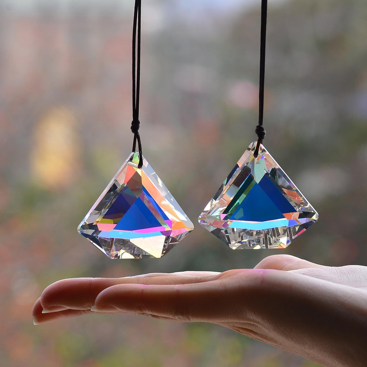 2PCS Clear Diamond Crystal Sun Catcher Prisms, STINO Hanging Suncatchers with Glass Prism, Rainbow