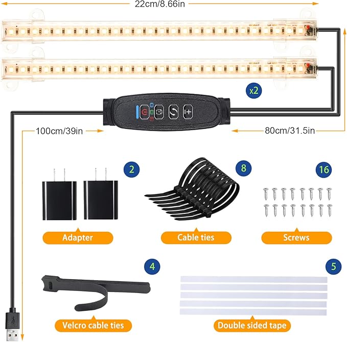 8.6'' Mini Two Strip Growing Lamp for Indoor Plants, 3000K Full Spectrum LED Grow Light Strips with