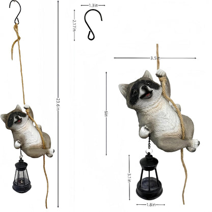 Raccoon Garden Decor Outdoor Statues Resin Climbing Twine with LED Light Waterproof Hanging Animal