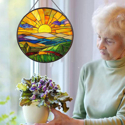 Hanging Stained Glass for Windows,20cm/7.87inch Sunrise Stained Glass Suncatcher Garden Hangings