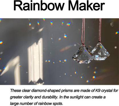 2PCS Clear Diamond Crystal Sun Catcher Prisms, STINO Hanging Suncatchers with Glass Prism, Rainbow