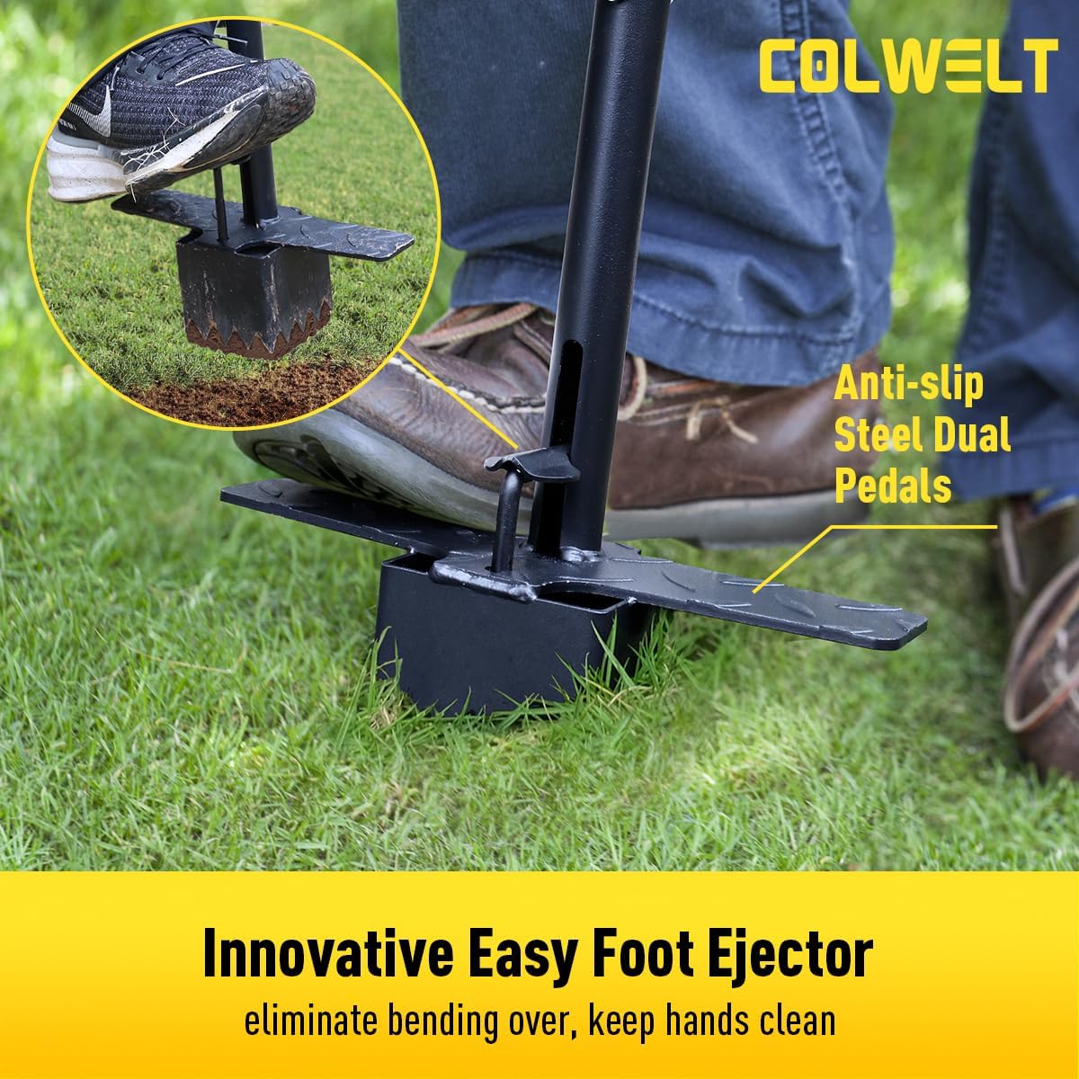 Colwelt Sod Plugger Tool 36-INCH, Grass Plug Tool 3 x 3 Square with Serrated Base, Long Handle Bulb