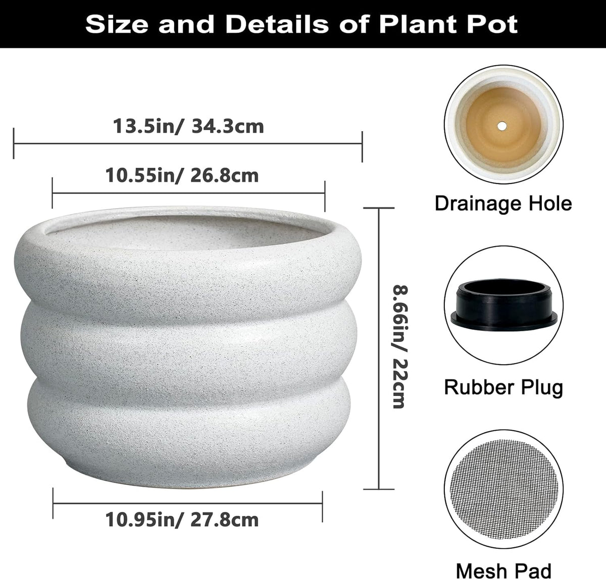 SQOWL Ceramic Planter Pot 13.5 Inch - Plant Pot Indoor with Drainage Hole Large Flower Pot Outdoor