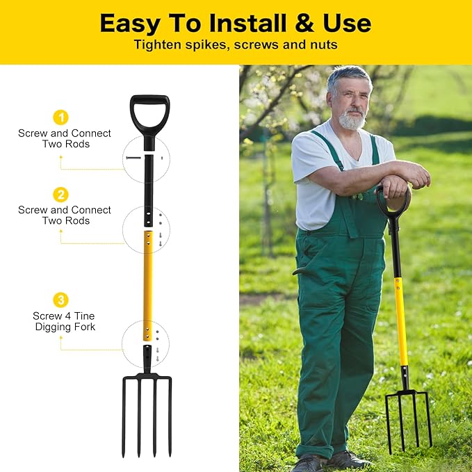Pitch Fork, 4 Tine Heavy Duty Garden Fork with Ergonomic No-Slip D-Grip Handles, 45 Inches Long