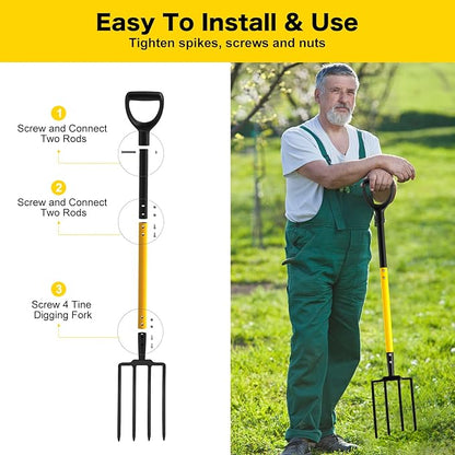 Pitch Fork, 4 Tine Heavy Duty Garden Fork with Ergonomic No-Slip D-Grip Handles, 45 Inches Long