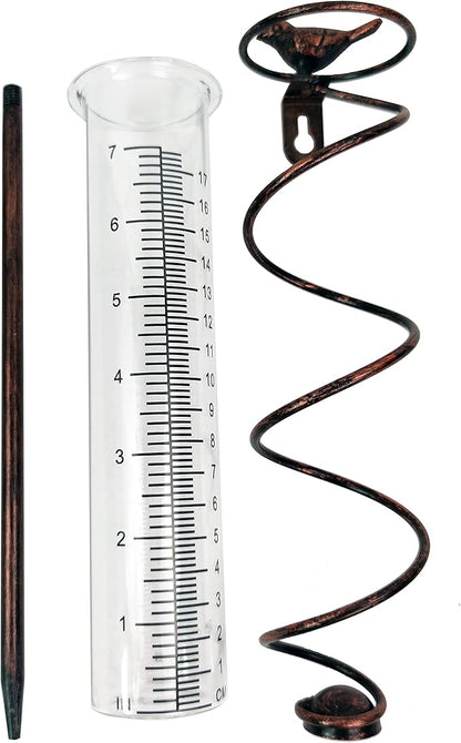 JOYBee 7inch Capacity Glass Spiral Rain Gauge,Cast Iron Bird Hanging Rain Gauge,Garden Rain Water
