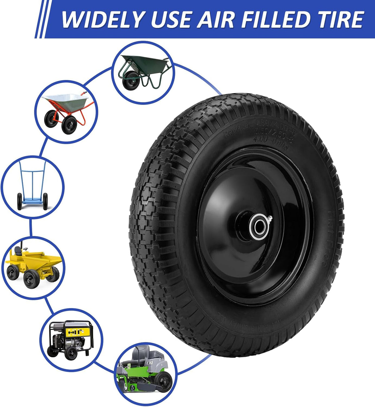 4.80/4.00-8" Flat Free Tire and Wheel 14.5" Wheelbarrow Tire,with 5/8" Axle Bore Hole,3"Center Hub