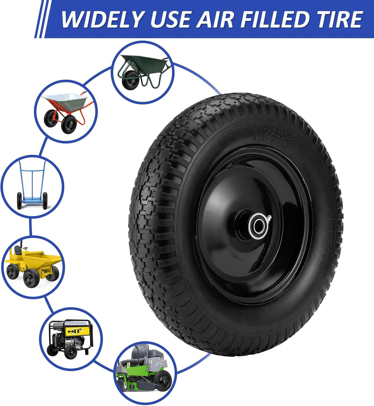4.80/4.00-8" Flat Free Wheelbarrow Tire, 14.5" Wheel Size, 5/8" Axle Bore, 3" Center Hub, 3/4"