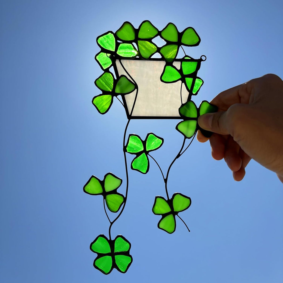 Stained Glass Four Leaf Clover Decor Suncatcher for Window, Artificial Green Plants Stained Glass
