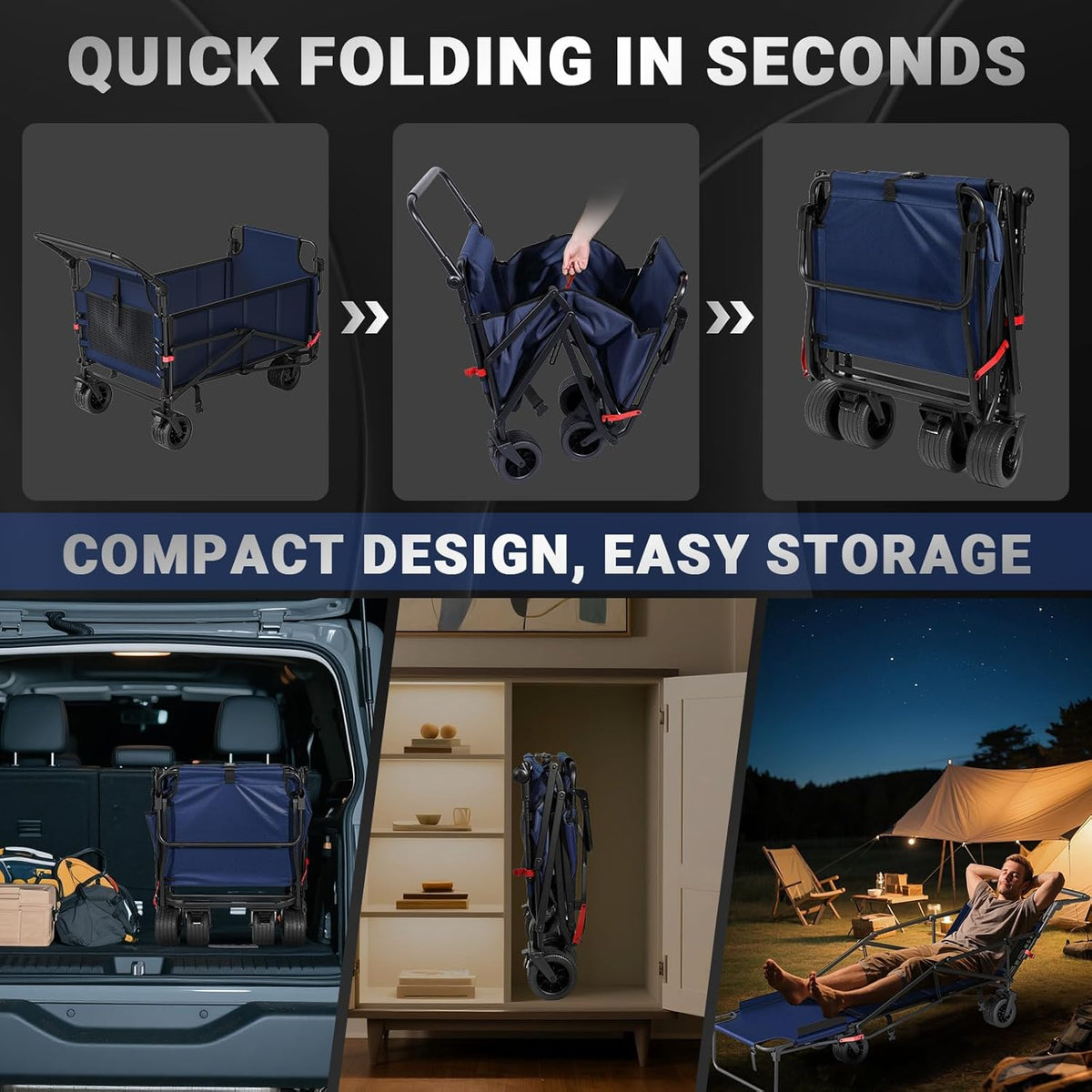 LEVELEVE Heavy Duty Folding Wagon - 2-in-1 Collapsible Cart, 650lb Capacity, All-Terrain Wheels