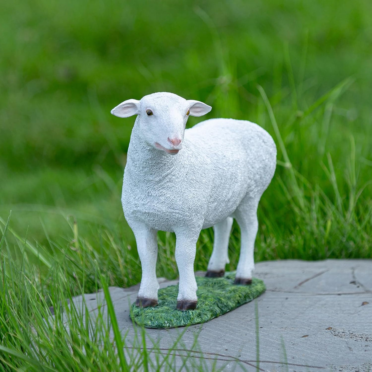 White Standing Lamb Garden Statue, Decorative Resin Sheep Figurine on Grass Base, Farmhouse Animal