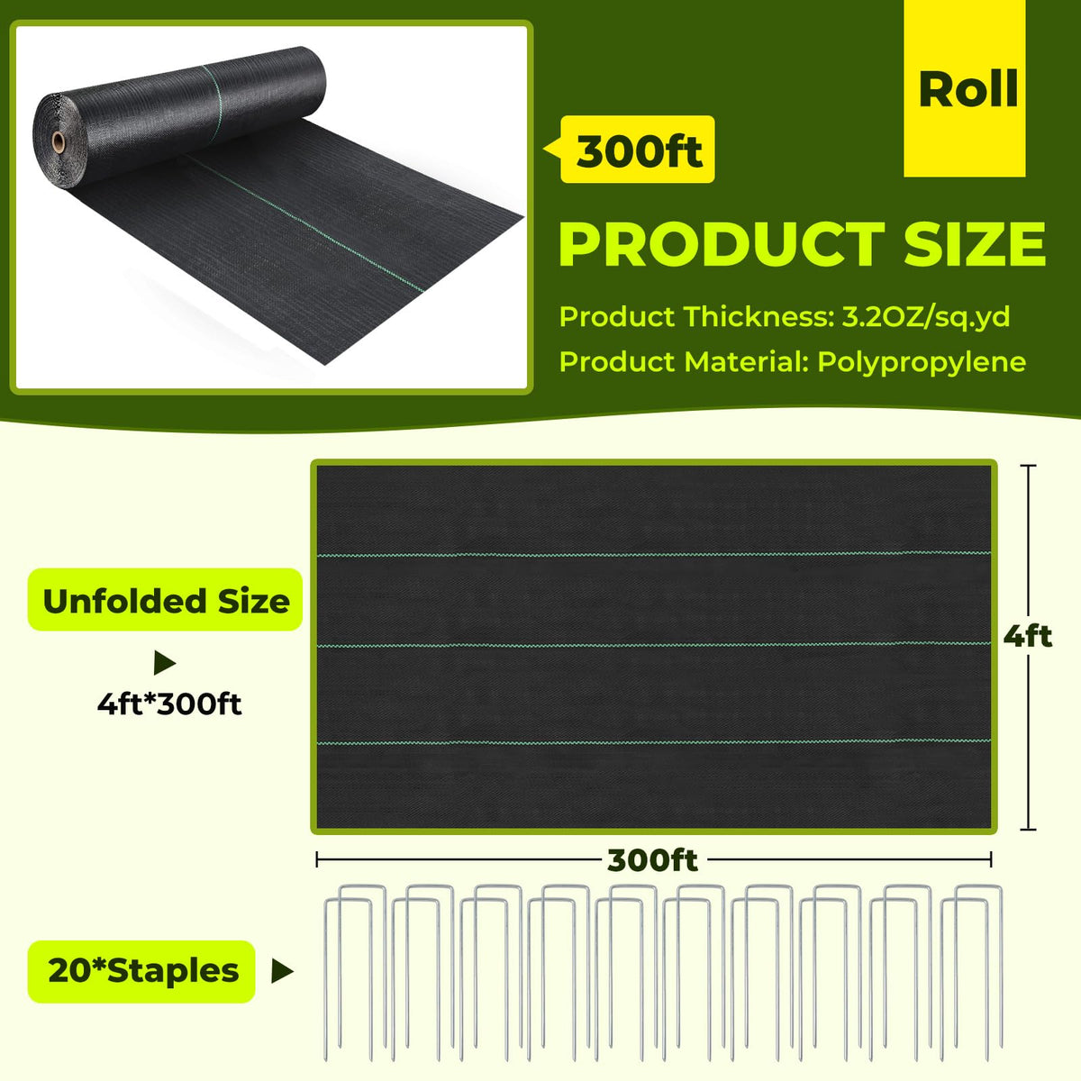4ft x 300ft Weed Barrier Landscape Fabric, 3.2oz Heavy Duty Woven Fabric