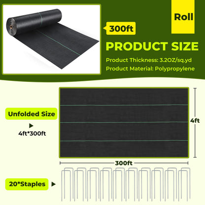 4ft x 300ft Weed Barrier Landscape Fabric, 3.2oz Heavy Duty Woven Fabric