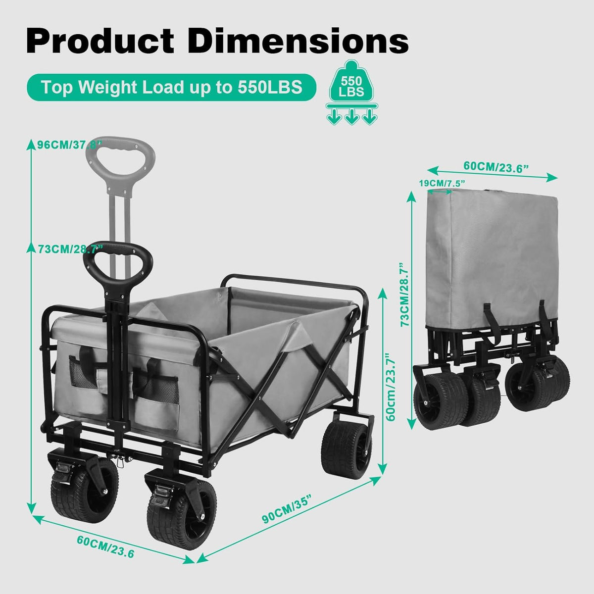 MMQ Heavy-Duty Folding Wagon with 550lbs Weight Capacity, Collapsible Wagon with Big Wheels