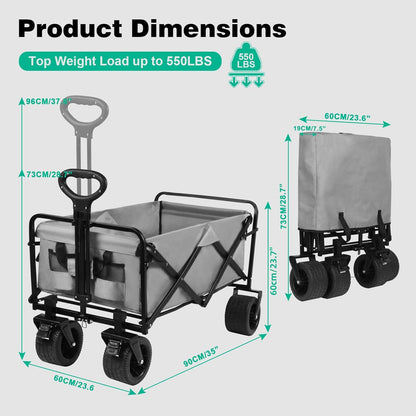 MMQ Heavy-Duty Folding Wagon with 550lbs Weight Capacity, Collapsible Wagon with Big Wheels