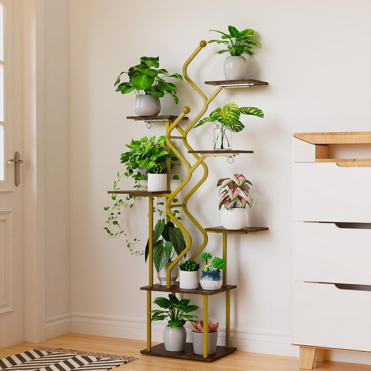 Bstrip 63 Inch Plant Stand with Grow Light, 7-Tier Indoor Plant Shelf with Hanging Hooks, Decor