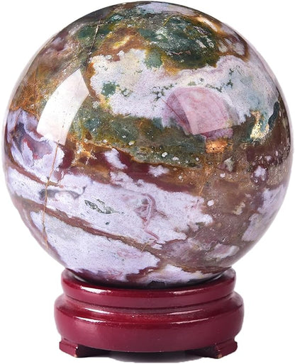 JIC Gem Large Ocean Jasper Crystal Sphere Ball with Wooden Stand Healing Decorative Ball Reiki