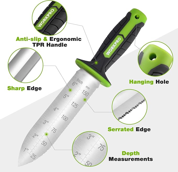 WORKPRO Hori Hori Garden Knife, 7" Stainless Steel Blade with Cutting Edge, Garden Tools with