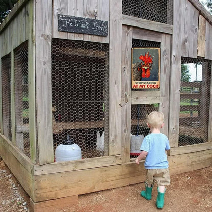Funny Chicken Stop Staring My Cock Tin Sign for Farm Chicken Coop Farmhouse Kitchen Vintage Wall