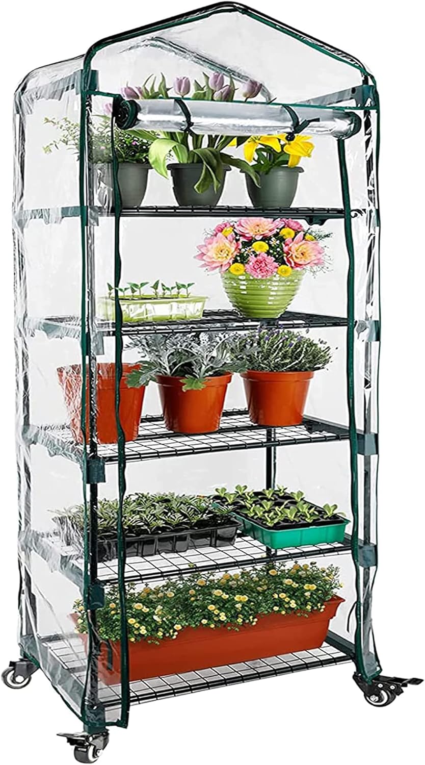 Worth Garden Upgraded 5-Tier Mini Greenhouse with Castors Wheels - Portable Small Gardening Green