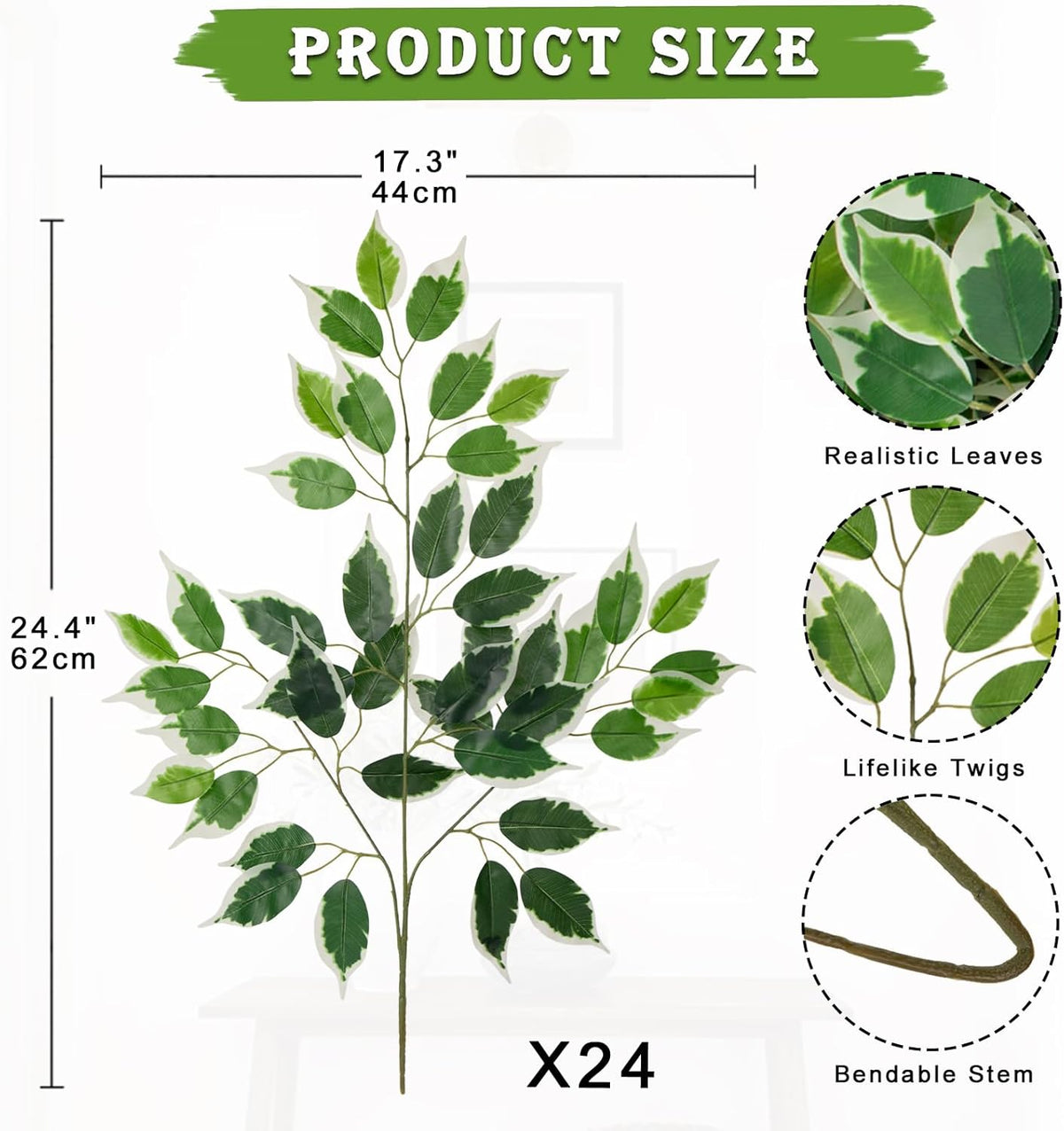 24PCS Ficus Leaves Artificial Branches - 24" Faux Ficus Greenery Tree Branches - Fake Leaves Sprays