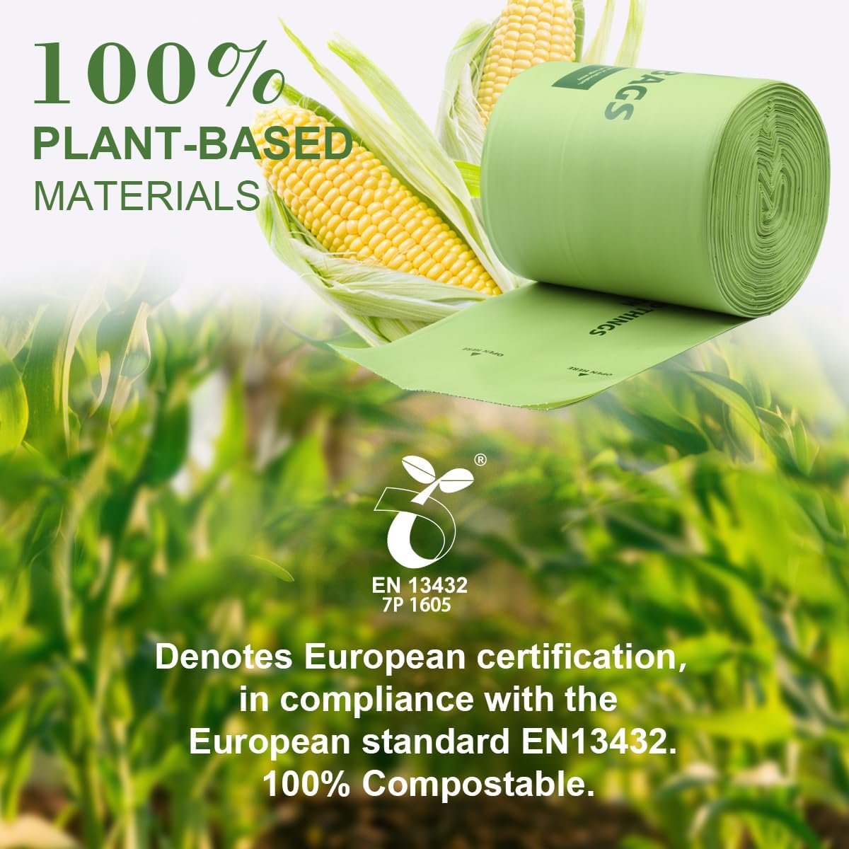 100% Compostable Trash Bags, 13 Gallon, 49.2 Liter, 0.91 Mils, 65 Count Kitchen Tall Food Scrap
