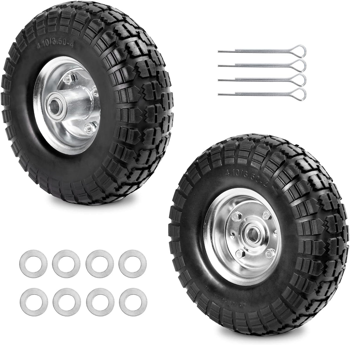 4.10/3.50-4 Tire Wheels Flat Free 10" Heavy Duty Solid Flat-Free Replacement Tire with 5/8 Axle