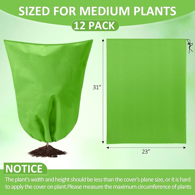 12 Packs Winter Plant Covers Freeze Protection Drawstring Tree Cover 23.62 x 31.5 in Large Reusable