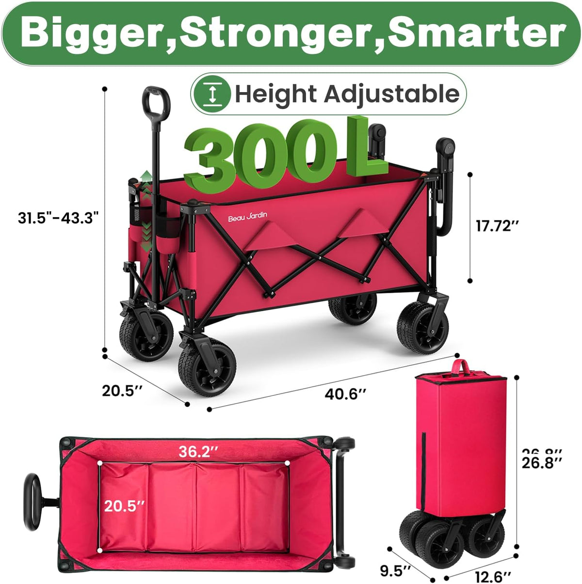 BEAU JARDIN Folding Push & Pull Beach Wagon 500 lbs Collapsible Foldable Wagons with Push Handle