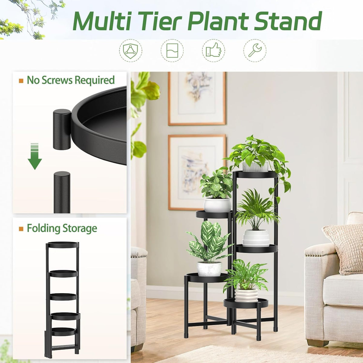 iDavosic.ly Plant Stand with Garden Tools, 5 Tier Corner Metal Flower Display Holder Shelf Indoor