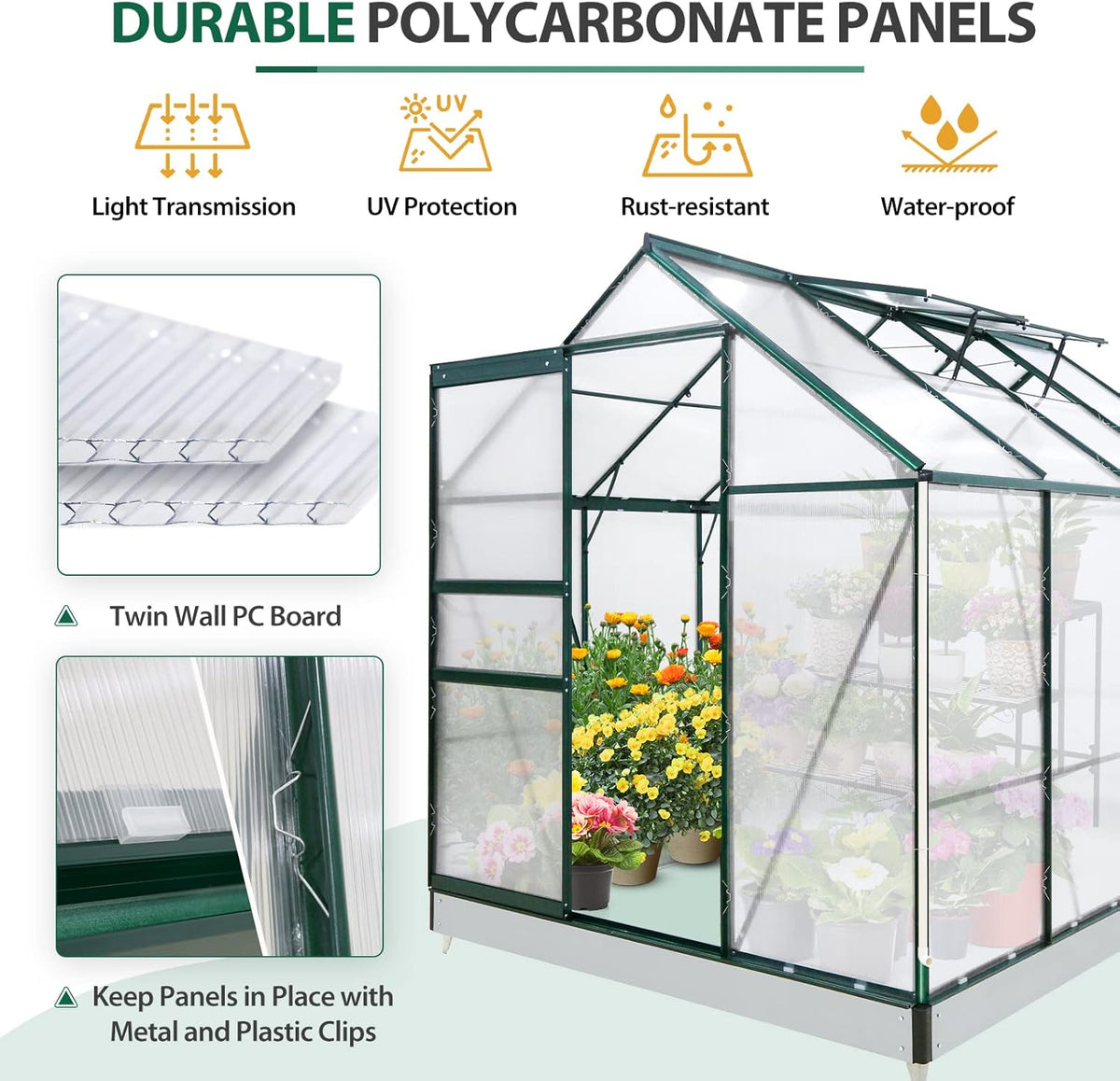 EAGLE PEAK 6x8x7 Outdoor Walk-in Hobby Greenhouse with Adjustable Roof Vent and Rain Gutter, Base
