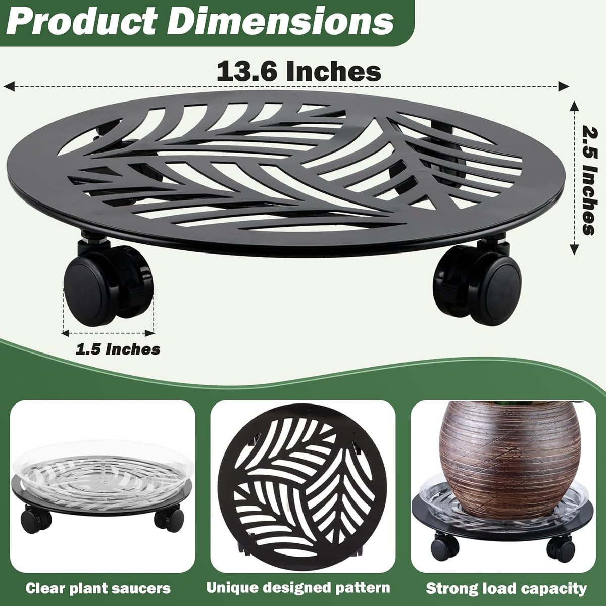2 Packs Large Metal Plant Caddy with PU Wheels 13.6" Heavy-duty Wrought Iron Rolling Plant Stands