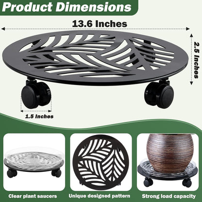 2 Packs Large Metal Plant Caddy with PU Wheels 13.6" Heavy-duty Wrought Iron Rolling Plant Stands