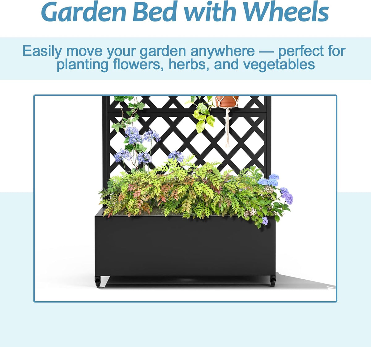 Metal Planter Box with Trellis & Wheels, Raised Garden Bed with Privacy Screen, Outdoor Standing